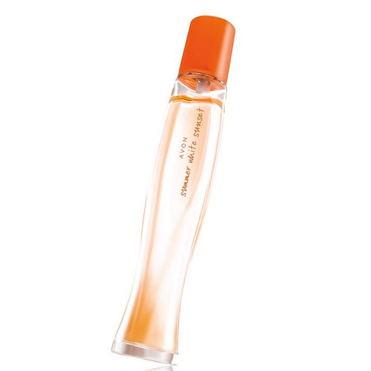 Avon Summer White Sunset EDT with floral and oriental notes of pink pepper, lotus flower, and birchwood in sleek bottle design.