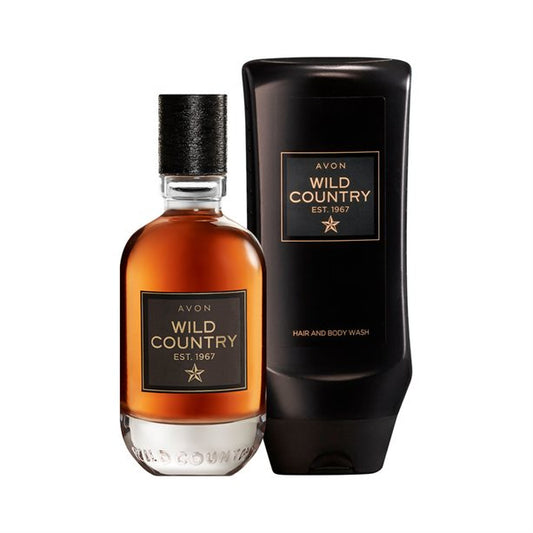 Avon Wild Country Aftershave Set with fougère scent featuring lavender, geranium, and sandalwood in classic packaging.