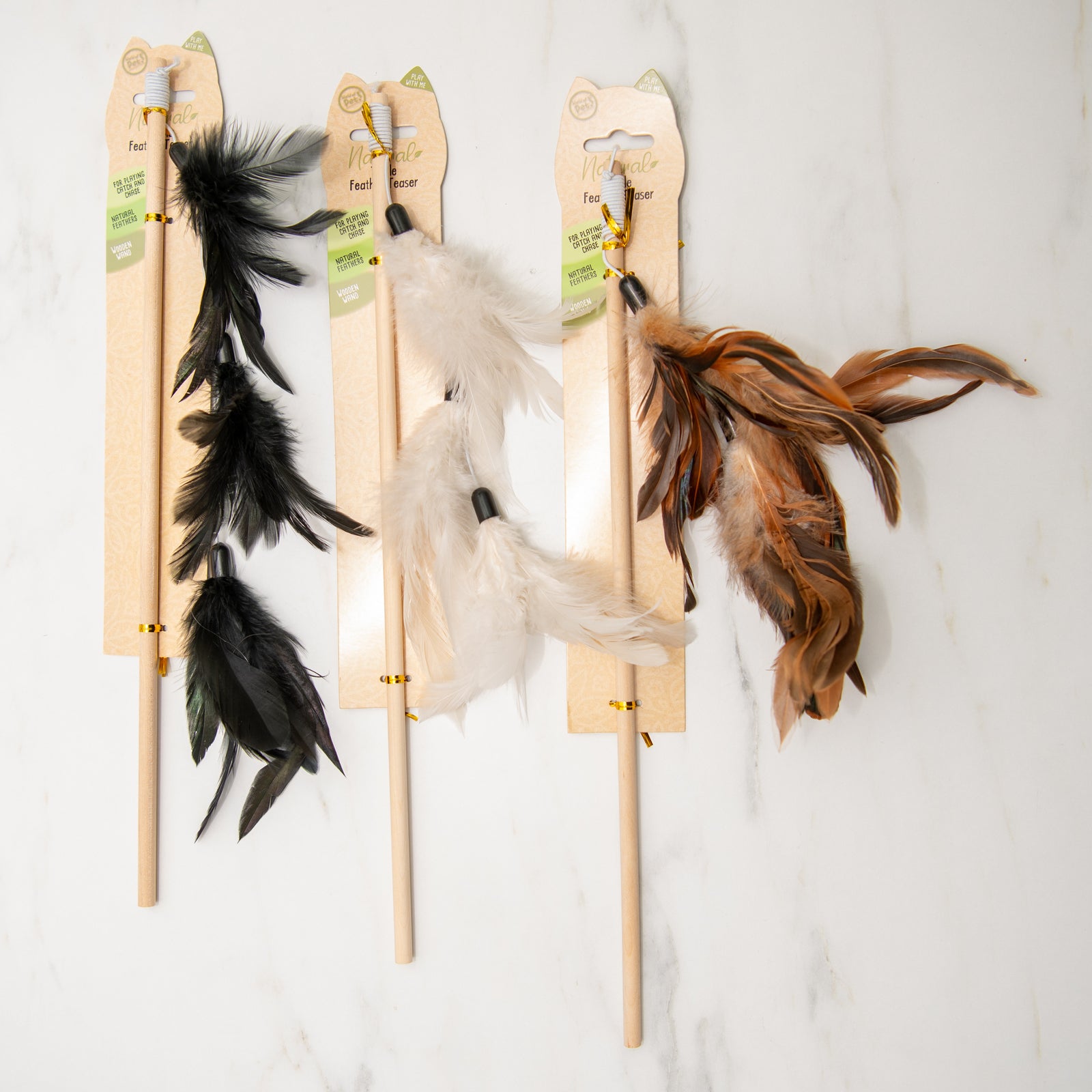 Natural Feather Cat Teaser toys featuring eco-friendly feathers, perfect for playful cats at [STORE NAME].