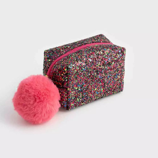 Sparkle Mini Cosmetics Bag, Pink, Avon with multicolour glitter and pink pompom, perfect for stylish makeup storage.