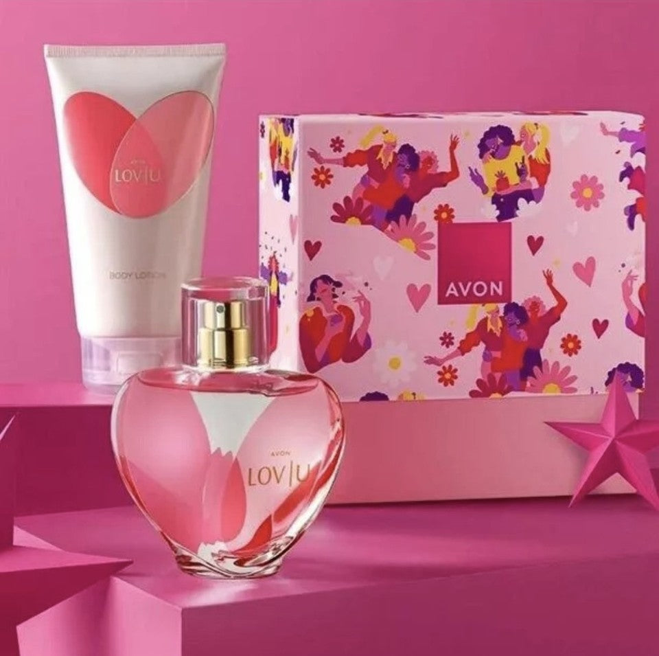 Avon Lov U Boxed Gift Set EDP 50ml and Body Lotion 150ml Sealed Romantic Floral in a charming gift box.