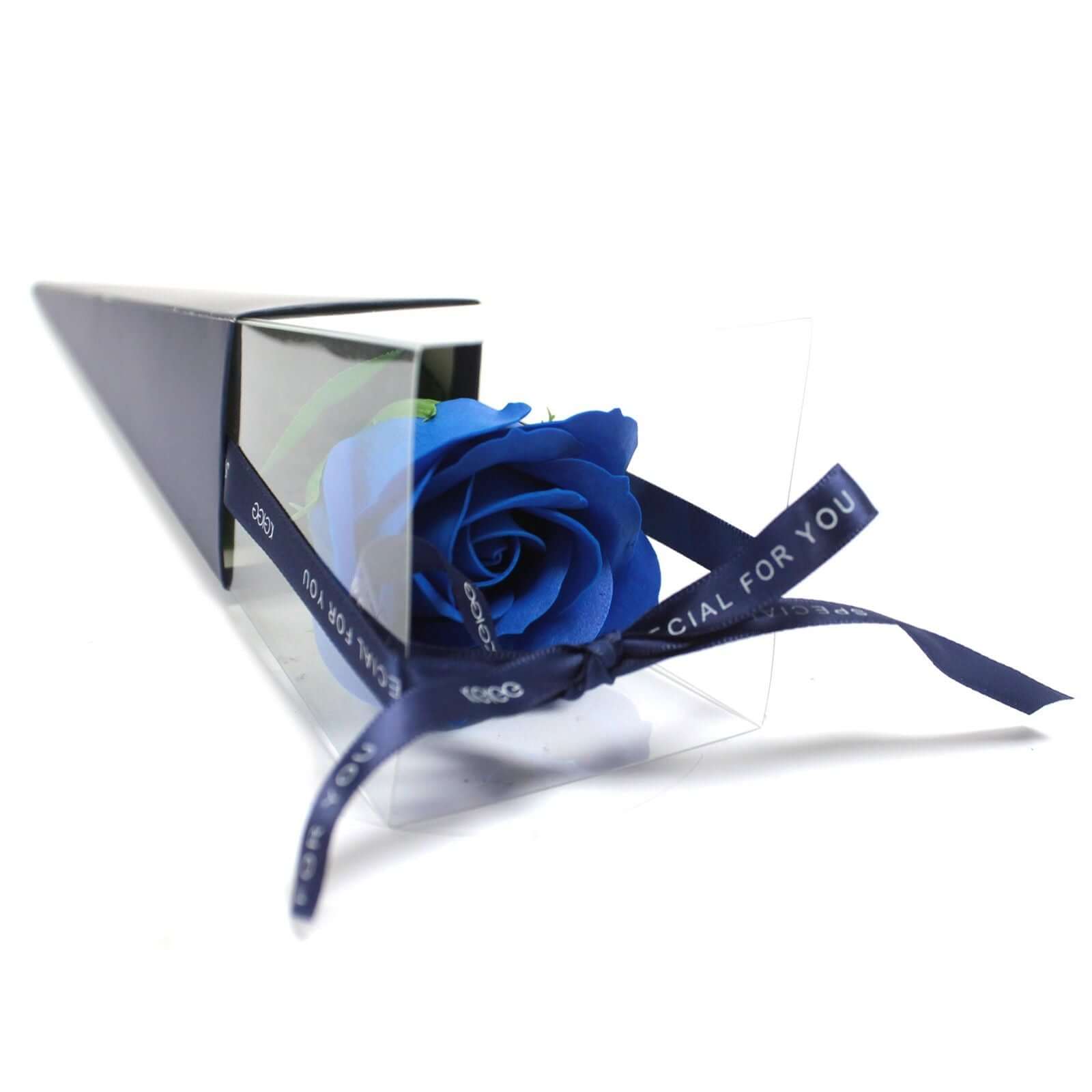 Single Rose - Blue Rose presented in a clear box with a blue ribbon, perfect for gifts and decorations.