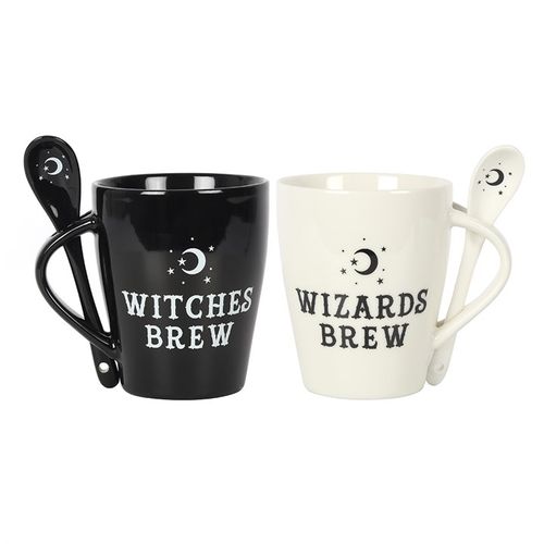 Witch and Wizard Couples Mug and Spoon Set featuring 'Witches Brew' and 'Wizards Brew' designs, perfect for gifting.