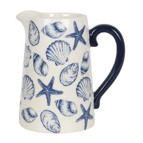 17cm Seashell Ceramic Flower Jug with blue seashells and starfish, perfect for coastal-themed bouquets.