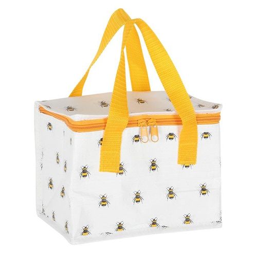 Insulated Bee Print Lunch Bag with zipper closure, perfect for keeping food fresh and brightening lunchtimes.