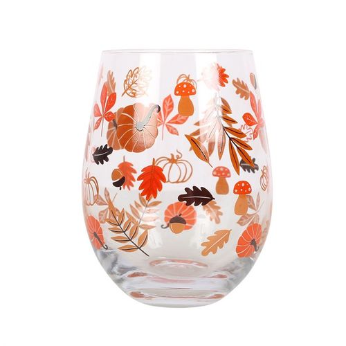 Autumn Leaves and Pumpkins Stemless Glass featuring vibrant leaf and pumpkin designs, perfect for seasonal cocktails.