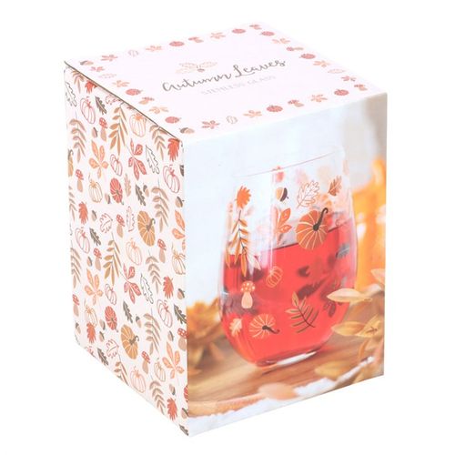 Autumn Leaves and Pumpkins Stemless Glass, featuring vibrant leaf and pumpkin designs, perfect for seasonal cocktails.
