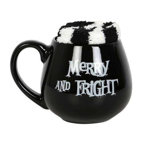Merry and Fright Mug and Socks Set featuring a spooky black mug and fluffy striped socks for cosy winter nights.