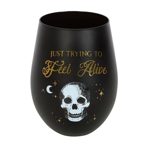 Distinctive Trying to Feel Alive Stemless Wine Glass featuring a playful skeleton design in black and gold for edgy celebrations.