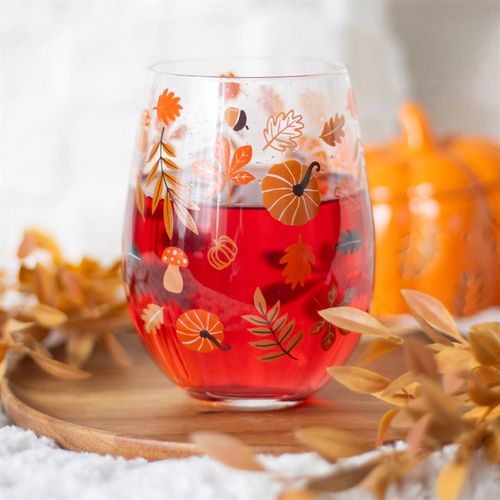 Stylish Autumn Leaves and Pumpkins Stemless Glass featuring vibrant designs, perfect for autumn-themed cocktails.