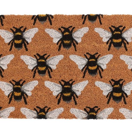 Charming Natural Bee Print Doormat featuring vibrant bees, perfect for your front door. Ideal for sheltered areas.