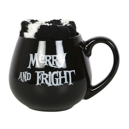 Merry and Fright Mug and Socks Set featuring a spooky black mug and fuzzy striped socks for cosy winter nights.