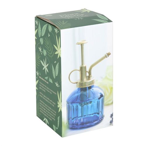 Small Blue Glass Plant Mister with gold pump, perfect for indoor gardening enthusiasts and vintage decor lovers.