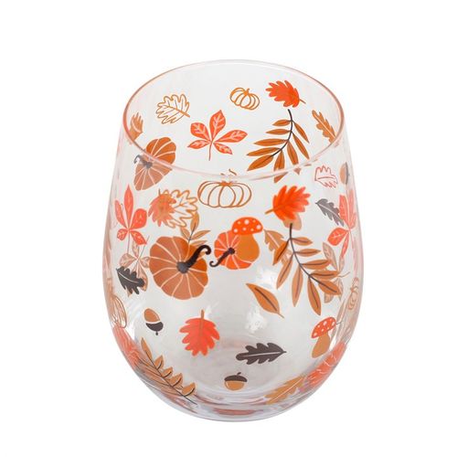 Autumn Leaves and Pumpkins Stemless Glass featuring vibrant autumnal designs, perfect for seasonal cocktails.