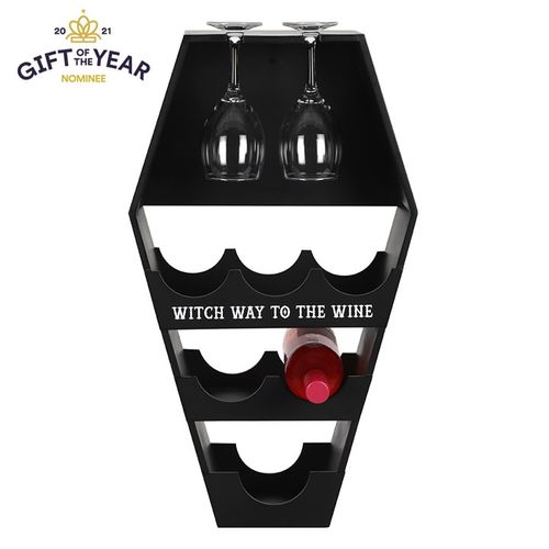 Stylishly display wine with the Coffin Wine Shelf, featuring slots for six bottles and four glasses—perfect for spooky events.