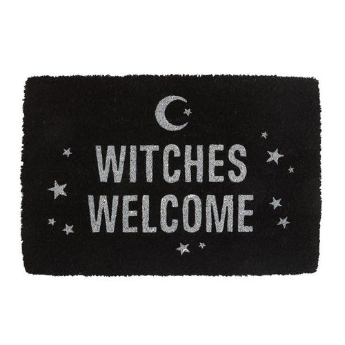Black Witches Welcome Doormat featuring 'Witches Welcome' text, perfect for any witch's lair entrance.