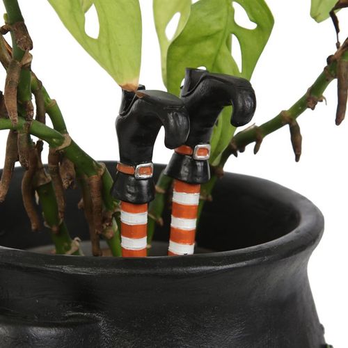 Set of 2 Witch Leg Plant Pot Ornaments featuring striped socks and black boots, perfect for whimsical gardening.