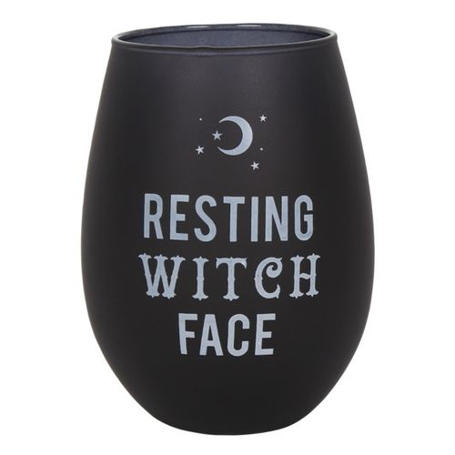 Frosted black Resting Witch Face Stemless Wine Glass from the Black Magic collection, perfect for sassy women.