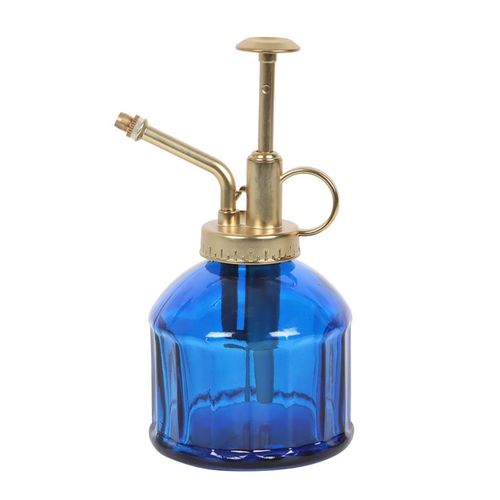 Stylish Small Blue Glass Plant Mister with a vintage feel, perfect for indoor garden enthusiasts.