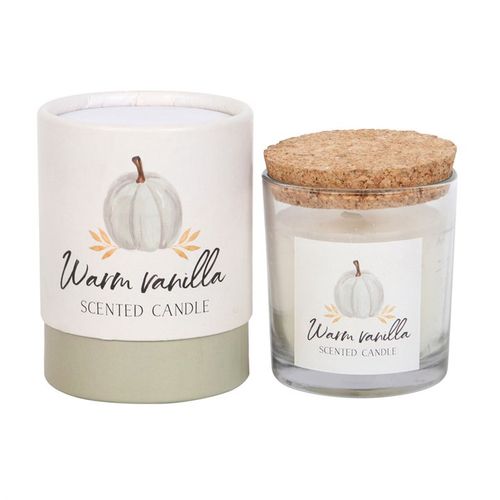 Warm Vanilla Autumn Candle in a glass holder with cork lid, beautifully packaged for cosy autumn days.