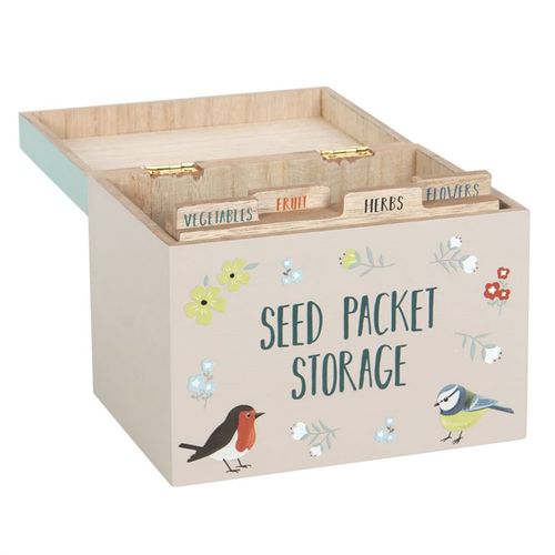 Stylish British Garden Birds Seed Packet Storage Box with illustrations of Blue Tit, Robin, Goldfinch, and Bullfinch.