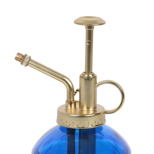 Stylish Small Blue Glass Plant Mister with gold accents, perfect for indoor gardening enthusiasts.