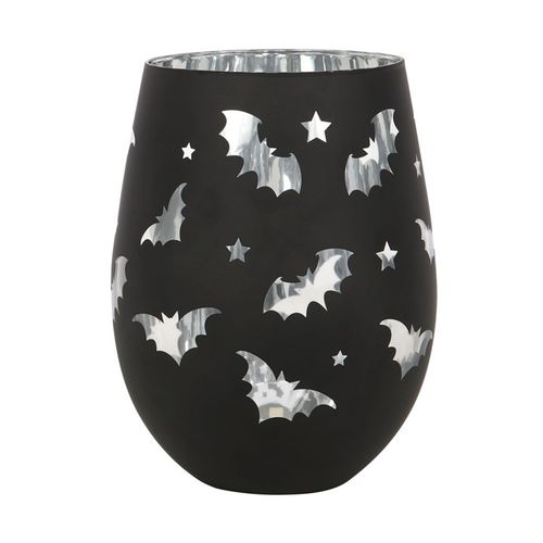 Bat Stemless Wine Glass with silver interior and bat silhouettes on a black glass.