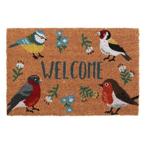 Natural British Garden Birds Doormat featuring charming bird illustrations and 'Welcome' text, perfect for porches.