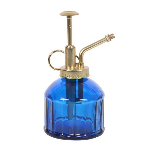 Stylish Small Blue Glass Plant Mister with a vintage feel, perfect for indoor garden enthusiasts.