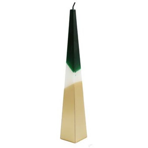 Tall and stylish 32cm Green and Gold Pyramid Candle with a modern dipped design, perfect for home décor.