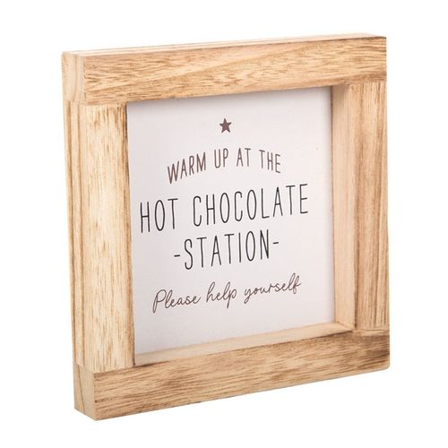 Rustic Hot Chocolate Station Wooden Sign inviting guests to warm up and enjoy, perfect for festive gatherings.