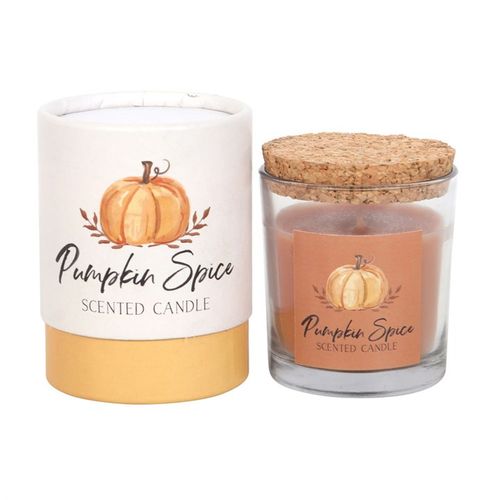 Pumpkin Spice Autumn Candle in a glass holder with cork lid, perfect for cosy autumn days. Beautifully packaged.