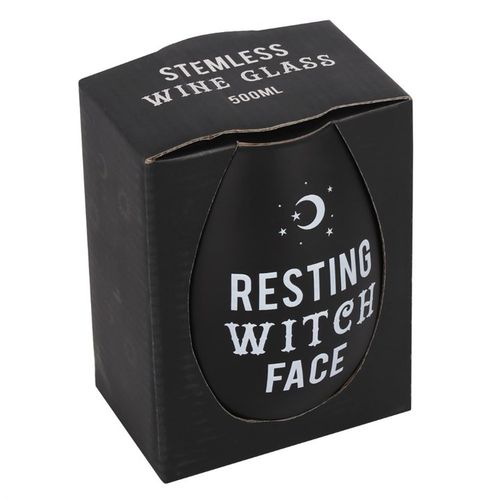 Frosted black Resting Witch Face Stemless Wine Glass in a matching box, perfect for sassy women from the Black Magic collection.