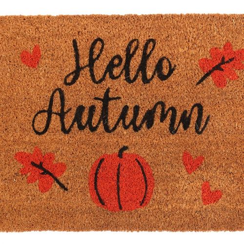 Charming Natural Hello Autumn Doormat with pumpkin and leaf design, perfect for welcoming the season indoors.