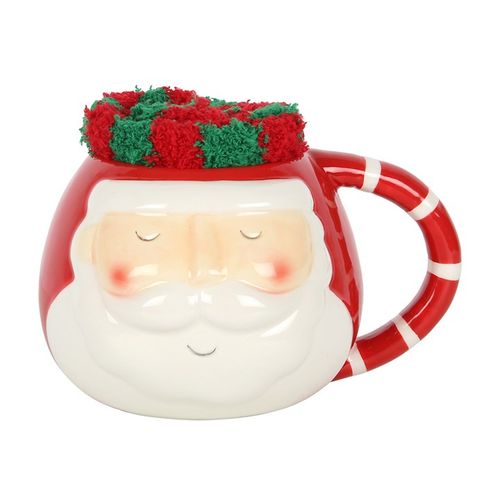 Festive Santa Mug and Socks Set for cosy drinks and holiday cheer, perfect for winter nights. Ideal gift for Christmas.
