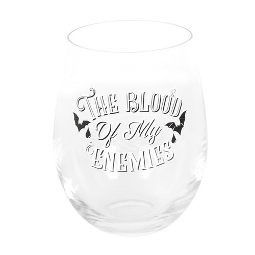 Blood Of My Enemies Stemless Wine Glass featuring gothic bat designs, perfect for a touch of dark humour.