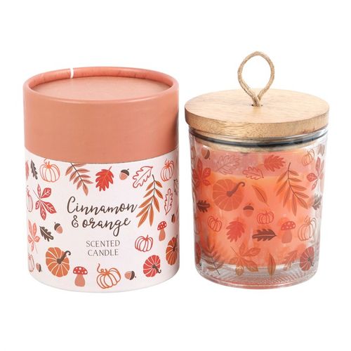Autumn Leaves Cinnamon & Orange Candle in a decorative box, perfect for cosy autumn days and gifting.