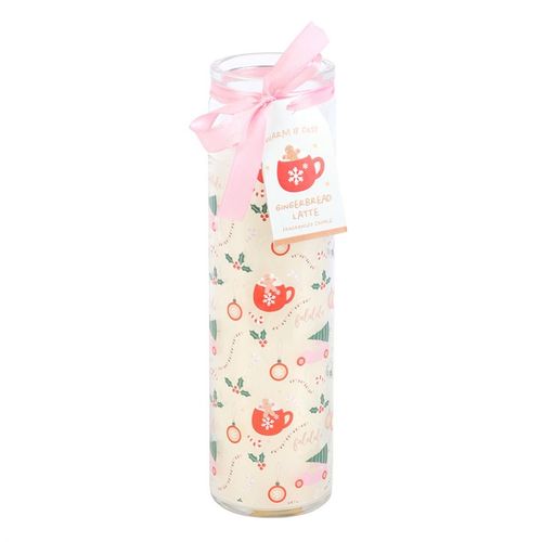 Warm and festive, the Sugarplum Fun Christmas Print Tube Candle features a gingerbread latte scent and 70-hour burn time.