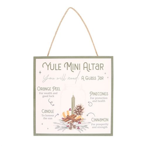 20cm Yule Altar MDF Hanging Sign featuring essential items for a Yule Mini Altar, perfect for celebrating Winter Solstice.