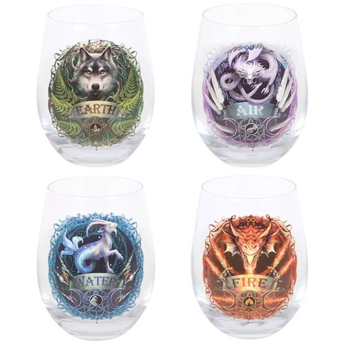 Set of 4 Elemental Stemless Wine Glasses by Anne Stokes showcasing intricate designs of Earth, Air, Water, and Fire elements.