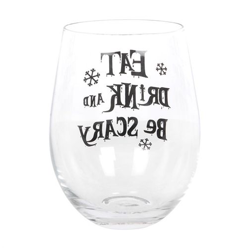 Stemless glass featuring 'Eat, Drink & Be Scary' text, perfect for spooky Creepmas celebrations.