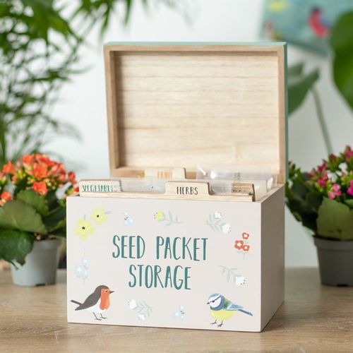 Charming British Garden Birds Seed Packet Storage Box with illustrated birds, perfect for organising your garden seeds.