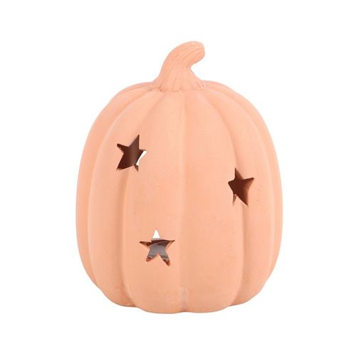 9cm Terracotta Pumpkin Tealight Holder with star cut-outs, perfect for autumn and Halloween décor.