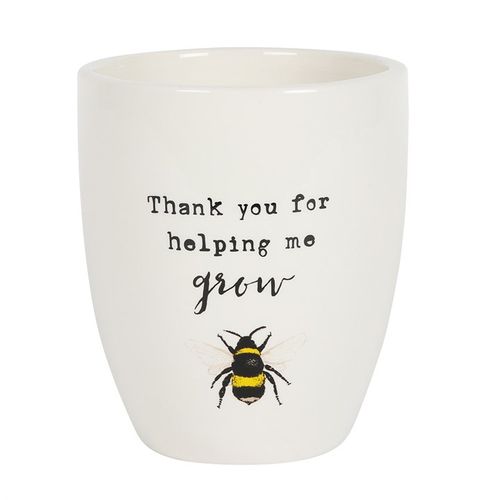 Thank You For Helping Me Grow Ceramic Plant Pot featuring a cheerful bee illustration, perfect as a thoughtful gift.