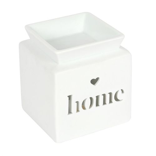 White Home Cut Out Oil Burner in ceramic, featuring heart cutout and 'home' text for a calming fragrance experience.