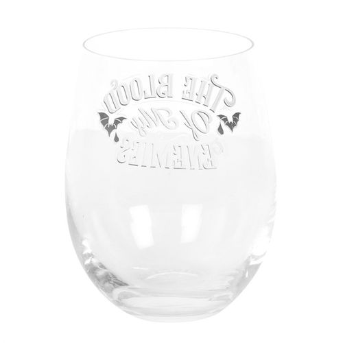 Blood Of My Enemies Stemless Wine Glass features gothic bat designs, perfect for sipping red wine with dark humour.