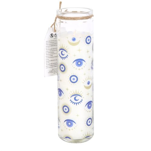 All Seeing Eye White Sage Tube Candle with stylish design, perfect for cleansing energies and featuring a 70-hour burn time.