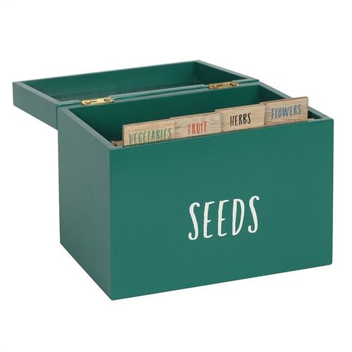 Stylish Seed Storage Box with dividers for organising seeds, perfect for every season, dimensions H13cm x W17cm x D13cm.