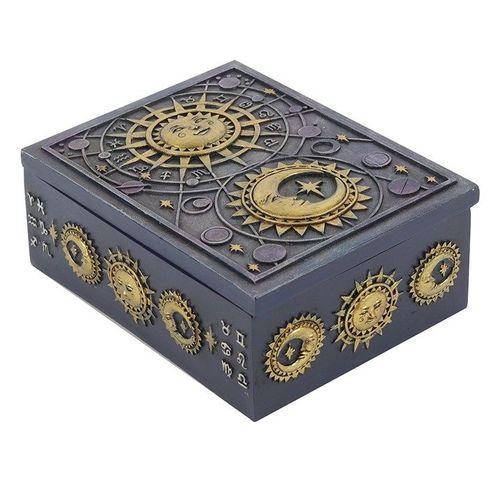 Stylish Sun and Moon Resin Storage Box features intricate astrology symbols and a gold finish, perfect for small treasures.