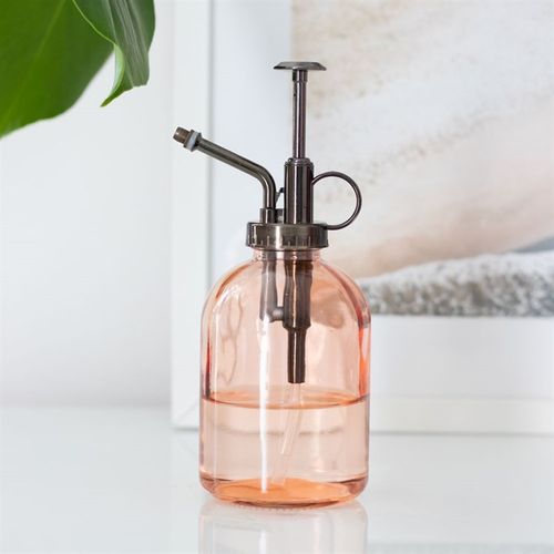 Stylish Pink Minimalist Glass Plant Mister in peachy-pink, perfect for indoor gardening enthusiasts and home decor.